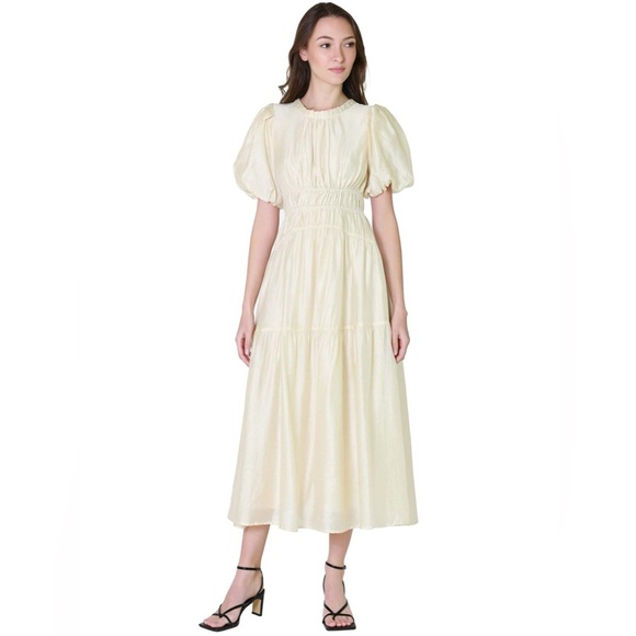 (SOLD) - MOON RIVER Women's Shirred Puff Sleeve Back Cut-Out Midi Dress - Size S - Picture 10 of 13